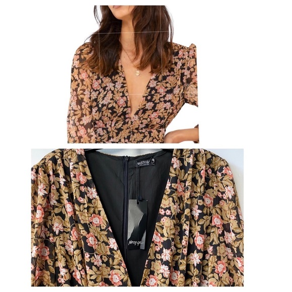Nasty GAL Floral Chiffon Print V Neck Mini Party Evening Tea Dress Sz US8 Cute - Picture 6 of 16